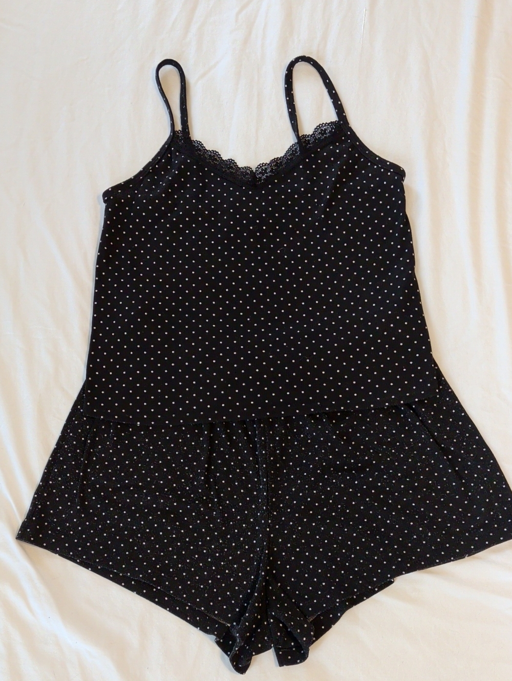 Colsie Black & White Polka Dot Lace-Trim Cami and Shorts Set - Medium